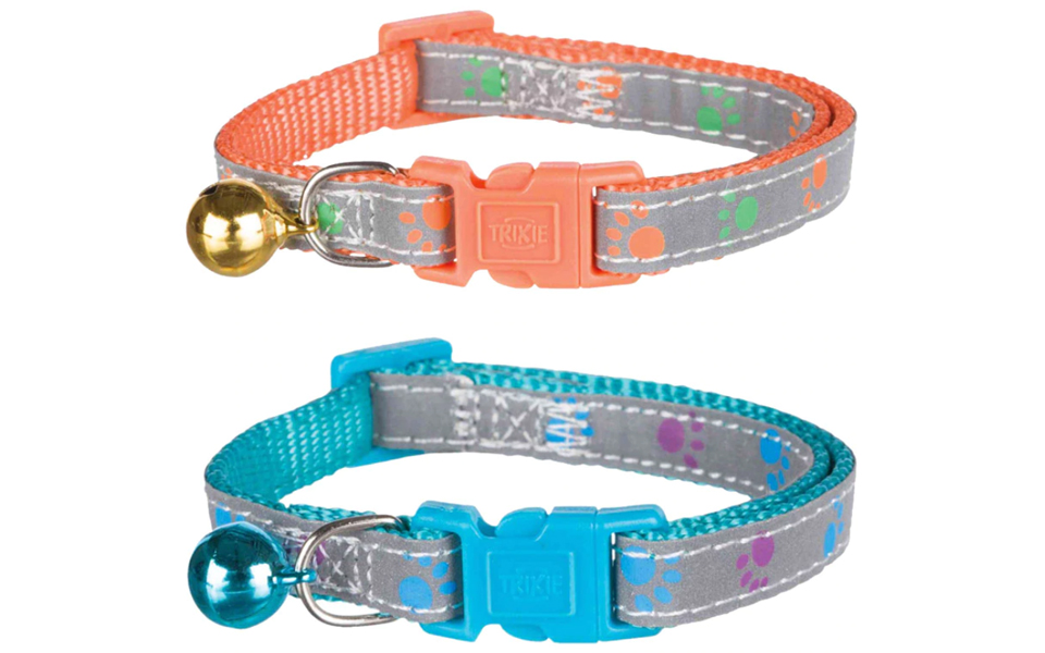 Dos collares reflectantes para gatos, azul y naranja.