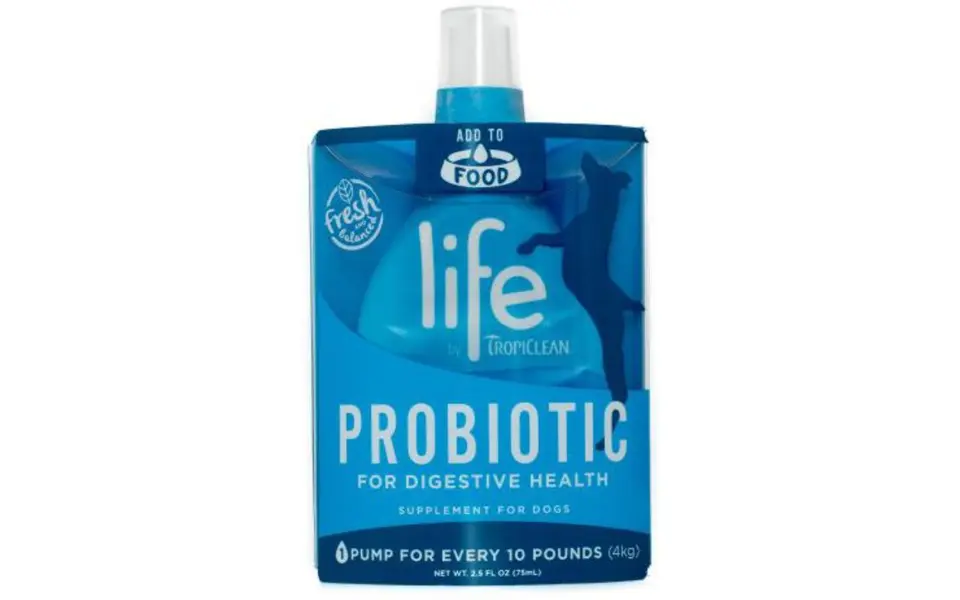Envase con Tropiclean Life Probiotic suplemento probiótico para perros.
